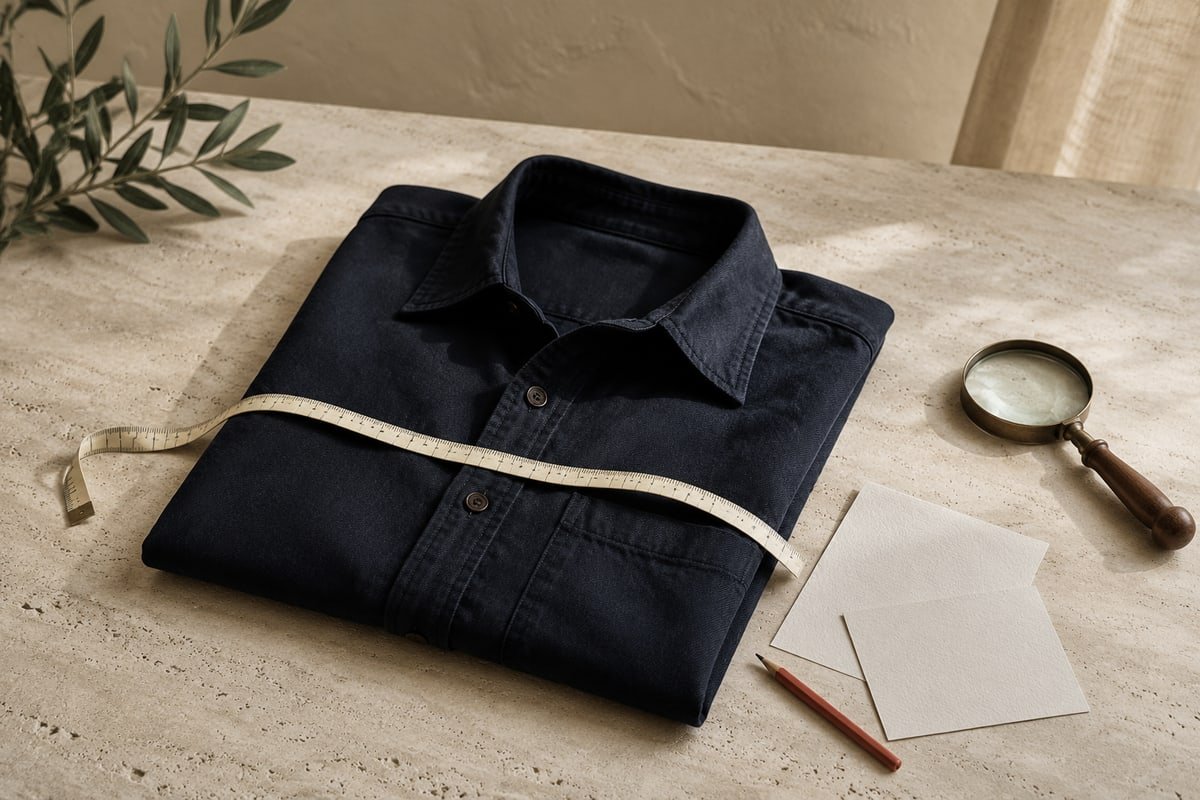 Camisa, cinta de medir y lupa preparados para una revisión visual