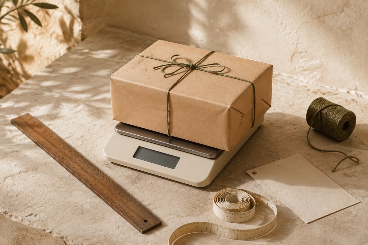 Paquete, báscula y cinta métrica preparados para comparar datos de envío